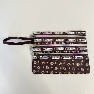 LESPORTSAC 3-Zip Cosmetic Bag Dark Brown Dog Paw Pouch Wristlet Travel Organizer